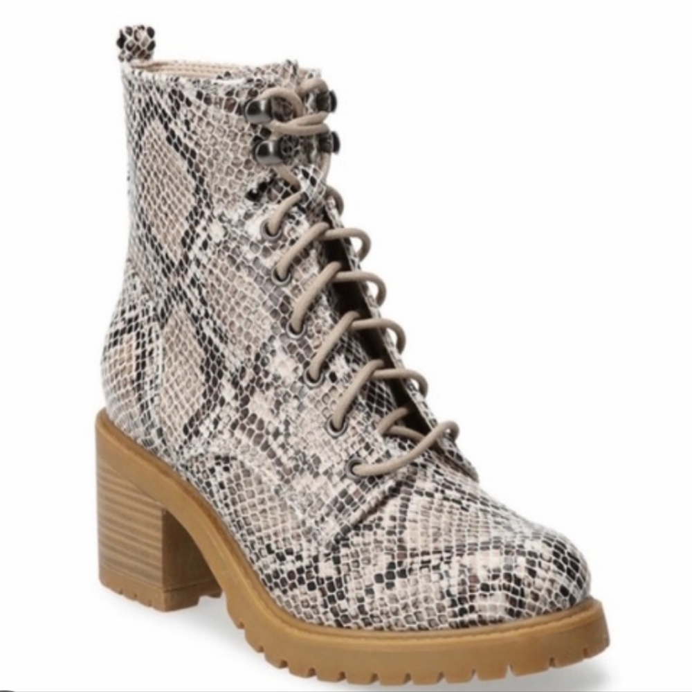 Snakeskin Faux Leather Lug Sole Moto Boots